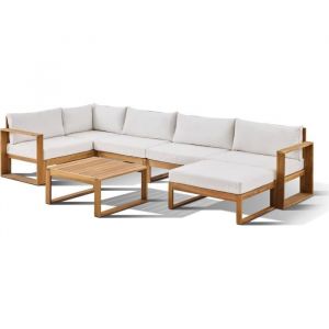 Salon de jardin d'angle modulable - Bois d'acacia - 7 personnes - LEVATA XL - Blanc cass&eacute; + Housse
