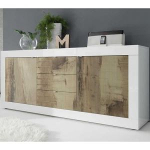 Buffet moderne 2 portes 3 tiroirs en bois Blanc laqué brillant/Bois fumé - MILAN - L 210 x l 43 x H 86 cm - Bois