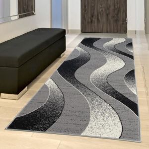 TAPISO Tapis de Passage Poil Court DREAM Gris Argent&eacute; Noir Ondes Polypropyl&egrave;ne Int&eacute;rieur 70x200