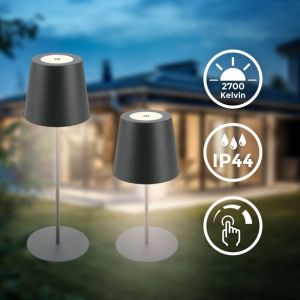 B.k.licht - Lampe de table led sans fil IP44, Variable, tactile, protection contre les éclaboussures, sans fil, anthracite, 36 x Ø10,5 cm