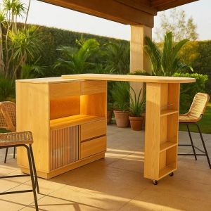 Table de bar de jardin avec rangement, plateau rabattable/rotatif - Design Modulable avec Étagère, led Ambiantes et Plateau Rotatif Extensible en l