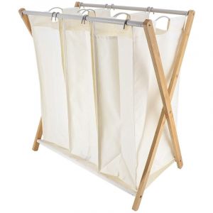 Tendance Panier à linge en Bambou 3 compartiments amovibles en tissu Naturel H 76 cm