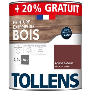 Tollens Peinture bois extérieur 2 en 1 - Ultra Résistante et économique Satin - Rouge Basque ral 3004 - 2L+20%=38m2