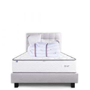 Ensemble Matelas 140x200 cm, Iris, 20 cm, m&eacute;moire de forme, ferme, face &eacute;t&eacute;/hiver + sommier gris ep20cm + 2 oreillers + couette + T&ecirc;te de Lit