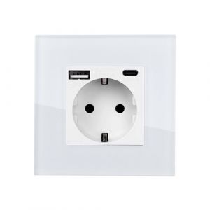 TechBrey Prise avec port USB Schuko Type F avec Cadre Verre Modern Blanc 38 mm