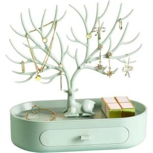 Support Bijoux Arbre, Porte Boucles DOreilles Femme, Présentoir À Bijoux En Plastique Avec Tiroir Et Plateau (Vert) Nosku