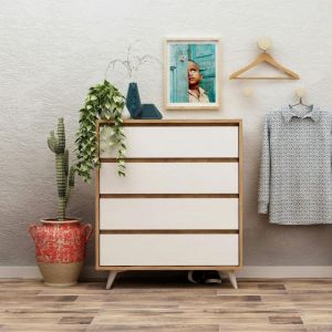 Commode moderne effet chêne 4 tiroirs blancs BYRON