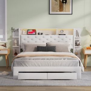 Lit Coffre 160x200 cm - USB & LED - Tiroirs Silencieux - Rangement Optimis&eacute; - Design Moderne Blanc