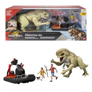 Mattel Jurassic World : Renaisssance, Coffret v&eacute;hicule avec figurines de dinosaure et d&rsquo;humains, embarcation du film, Distortus Rex et Delgado, Isabella et Aquilops, JGB55