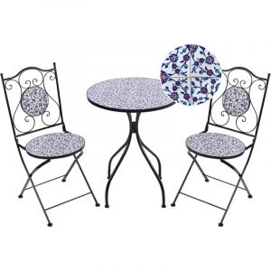 Beliani Ensemble de Balcon Vintage en M&eacute;tal Table et Chaises Ext&eacute;rieur Cadre en Fer Motif Mosa&iuml;que Bleu Noir Camprena