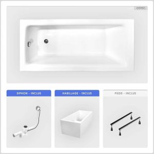 Image de Baignoire rectangulaire - 130 x 70 cm - avec Habillage Polystyrène - Pieds - Vidage Chrome - TALIA