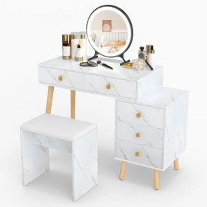 COSTWAY Coiffeuse avec miroir LED amovible, armoire lat&eacute;rale et tabouret rembourr&eacute;, coiffeuse avec 3 modes d'&eacute;clairage, 5 tiroirs, coiffeuse aspect