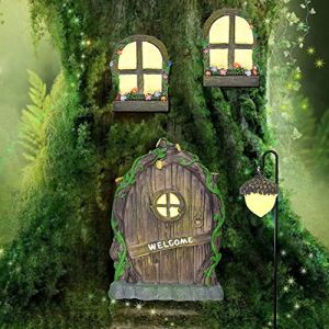 Reforung 4 pi&egrave;ces Portes et Fen&ecirc;tre de F&eacute;e Miniatures L ineux Miniature d&eacute;corations de f&eacute;e Statues Arbre de Porte et de F&eacute;e GNOME Miniature avec lampadaire de Noix de c&egrave;dre, Brille dans le Noir