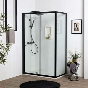 Kiamami Valentina Porte De Douche Niche Noir Mat Avec 1 Porte Fixe Et 1 Porte Coulissante De 100 Cm + Paroi Fixe l: 80 Cm h: 190 Cm Verre