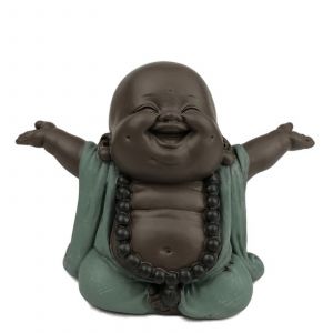 Image de Boudha Rieur Bienvenue – Statuette Porte Bonheur - Décoration Zen et Feng Shui – pour Créer Une Ambiance Relaxante et Spirituelle – Idée Cadeau – Largeur: 9cm – Couleur : Vert et Marron – Zen’Light