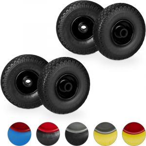 Relaxdays Roue de brouette, lot de 4, caoutchouc, 3.00-4, roue de rechange, pour axe de 25 mm, 260x85 mm, noir