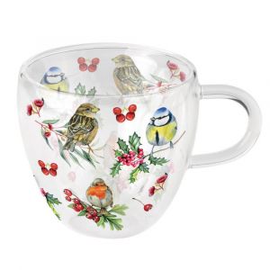Image de Tasse À Thé En Verre Double Paroi  Oiseaux Et Baies Hivernales