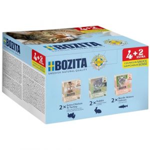 Bozita Tetra Lot de 4 + 2 sachets de Nourriture Humide pour Chats 6 x 370 g &ndash; sans c&eacute;r&eacute;ales, sans Sucre, sans colorants &ndash; 2 x Beaucoup de Poulet et de Dinde, de Lapin, de Saumon