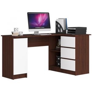 Bureau AKORD d'angle droit B20 Wengé 155 cm 1 porte 3 tiroirs façade Blanche 4 étagères 155x85x77 cm