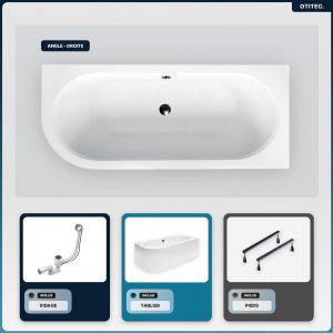Baignoire asymétrique - 180 x 80 cm - Droite - avec Tablier Blanc - Pieds - Vidage Chrome - AVITA