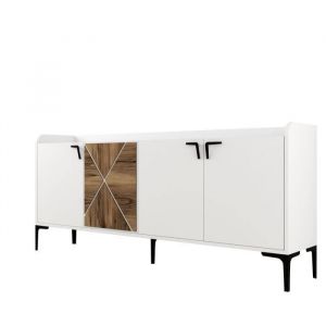 Menzzo Buffet bas 4 portes Zenger 180cm Bois Naturel et Naturel et M&eacute;tal Noir
