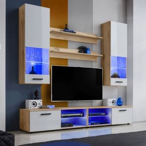 Meuble TV Mural Vida Extreme Furniture - LED bleues - Blanc Brillant & Bois naturel - Fa&ccedil;ades en Brillant - L200cmxH195cmxP45cm