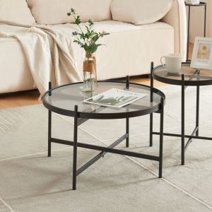 Table basse Lier avec plateau rond en verre trempé de 5 mm métal 61 x 40 cm noir