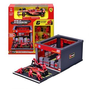 Bburago Pit Stop Ferrari SF-24#16 Leclerc, Playset avec Diorama, Véhicule 1:43 et 6 Mécaniciens, Réplique Détaillée, Licence Ferrari, Âge Recommandé 3+ Ans