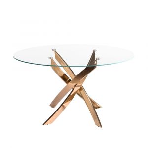 Table de salle à manger ronde en verre trempé et acier rose