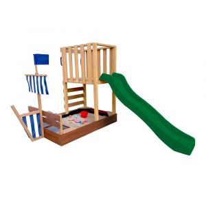 Axi Vicky Aire de Jeux en Bois avec Toboggan Vert / Aire de jeux extérieur, bac à sable, cuisine de jeu et tableau noir Jeux en Bois Extérieur