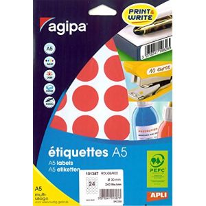 Agipa 101357 - 240 étiquettes rouges multi-usage, diamètre 30 mm (10 feuilles A5 / cdt)