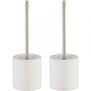 Relaxdays Porte brosse wc, lot de 2, céramique brosse wc et tête changeable poignée métal salle de bain HxD 38,5 x 12,5 cm, blanc
