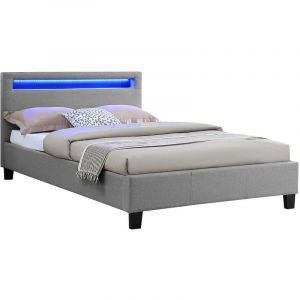 Image de Idimex Lit simple pour adulte MARISELA avec sommier 120x190 cm 1 place et demi 1 personne, tête de lit avec LED intégrées, en tissu gris