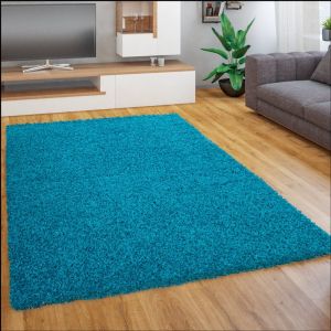 Paco Home Tapis Salon Chambre Adulte Poil Long Shaggy Pelucheux Uni Moderne Moelleux 120 cm rond, Turquoise