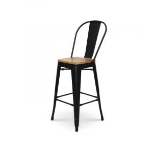 Kosmi Tabouret de bar en métal noir mat style industriel avec dossier haut et assise en bois clair - Hauteur 66cm