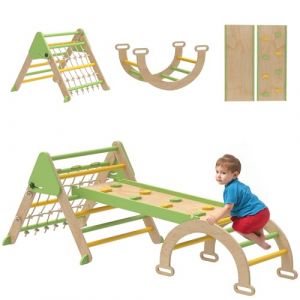 AIYAPLAY 8 en 1 Triangle d'escalade Enfants avec Rampe Double Face, Arc d'escalade en Bois peuplier avec Toboggan & &eacute;chelle, Charge 50 kg pour Glisser ou Grimper pour b&eacute;b&eacute; de 18 &agrave; 48 Mois, Vert