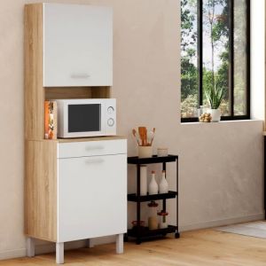 Idmarket Buffet de cuisine 60 cm cina 2 portes + tiroir façon hêtre et blanc - Blanc