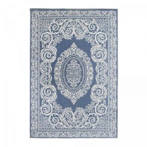Dezenco Tapis extérieur terrasse, kilim reversible bleu et blanc 160x230
