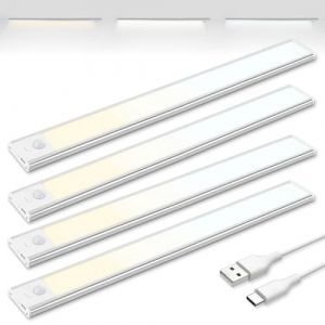 Brendz Led Armoire Detecteur Mouvement, Reglette Led Rechargeable USB-C, 3 Températures de Couleur, Led Dressing, Lampe de Placard, Dimmables, Bande Magnétique pour Armoires, Couloirs, 4 x 40cm