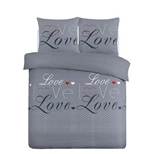 Vision Parure Flanelle Love Gris - Housse de Couette 260x240cm avec 2 taies Assorties - 100% Coton