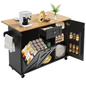Desserte Cuisine avec 5 Roulettes - 2 Portes + 1 Tiroirs+Étagères Réglables+ Porte-Épices+Table Extensible 40-63cm - Noir