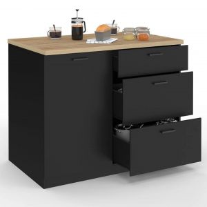 Idmarket Ilot central TIBO 110 cm casserolier 3 tiroirs bois noir avec plan de travail fa&ccedil;on h&ecirc;tre