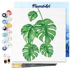 Figured'Art Mini Peinture par Numéro Adulte 20x20cm avec cadre Feuilles - Petit Format Kit de Loisir Créatif DIY Numéro d'Art Complet