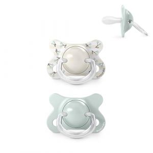 Suavinex Lot 2 Sucettes Nouveau-n&eacute;s et Tr&egrave;s Petits B&eacute;b&eacute;s, Taille Sp&eacute;ciale Mini -2/2 Mois, T&eacute;tine Sym&eacute;trique Silicone SX Pro, Plate, R&eacute;versible, Respecte le D&eacute;veloppement Buccodentaire, Birdies Vert