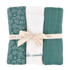 Little Crevette Lot de 3 langes verts et blancs coton bio* 60x60 cm