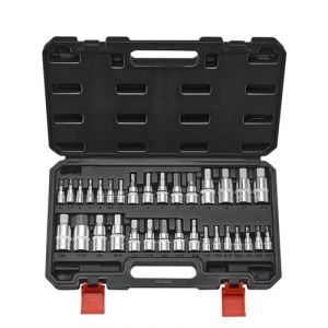 VEVOR Jeu de Douilles Hexagonales 32PCs SAE et Métriques, Douille à Embout en Acier Allié S2 et Acier Cr-V, Entraînements 1/4 po, 3/8 po et 1/2 po (6,35 mm, 9,5 mm, 12,7 mm), avec Coffret, Mécanicien