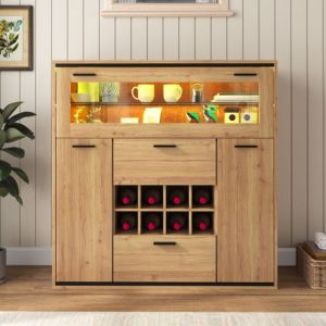 KoDise Buffet de salon, Buffet en bois - avec éclairage LED et 8 casiers à bouteilles - 2 portes et 2 tiroirs