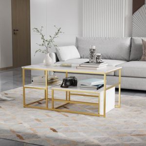 Table basse texture de marbre - Table d'appoint pour salon - 2 Niveaux Rangement - 52x105 cm - Grande table rectangle - MDF - ext&eacute;rieur en marbre et