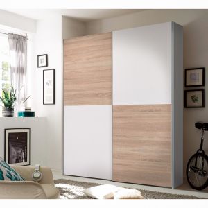 loftscape Armoire Wouter avec 2 portes coulissantes en aggloméré blanc et panneaux à carreaux en décor chêne sonoma.