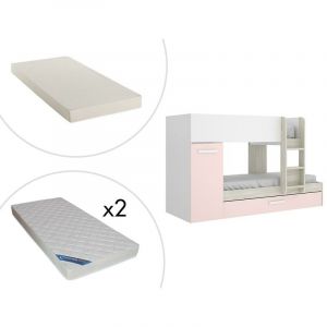 Lits Superposés ANTHONY avec rangements 3 x 90 x 190 cm Blanc, c ne et rose + matelas